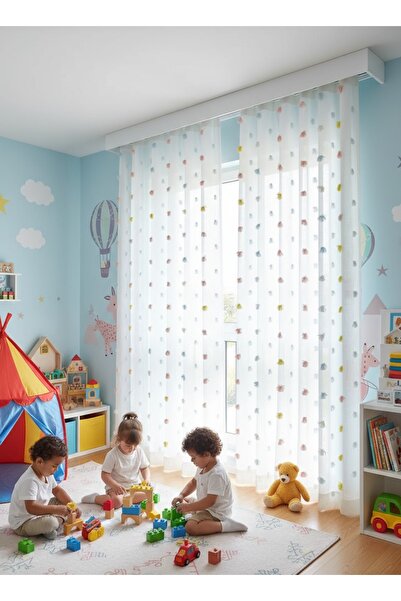 Perde Pendik Tül Perde Arya Yeni Sezon Renkli PonPon Pufy Foldet Keten Tül, Püsküllü Kırışmaz Çocuk Odası Pileli