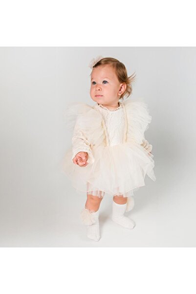 ministok Milani Beige Baby Girl Romper with Ruffled Shoulders and Bow on the Back