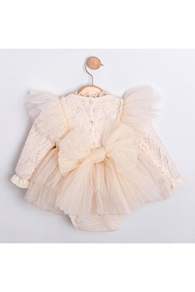 ministok Milani Omuz Kısmı Fırfırlı Arkası Fiyonklu Bej Kız Bebek Romper