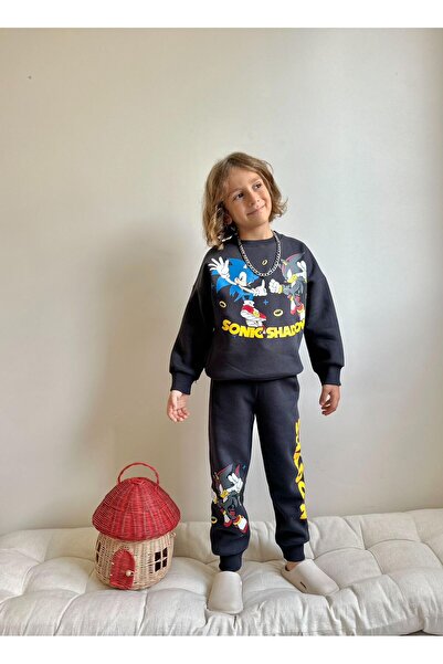 Patriko Boys' Sonic&Shadow Detailled Black Color Inner Fleece New Season Winter 3-10 Years Old Bottom-Up Top Set