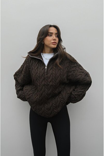 Havoş Açık Kahve Yakası Fermuarlı Saç Örgü Kazak