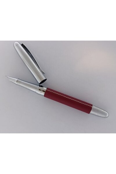 Ecada Stilou metalic Ecada, corp imbracat in piele rosie si capac argintiu lu...