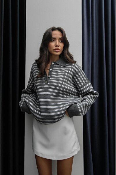 Havoş Πουλόβερ με ριγέ κρεμ ανθρακί γιακά πόλο