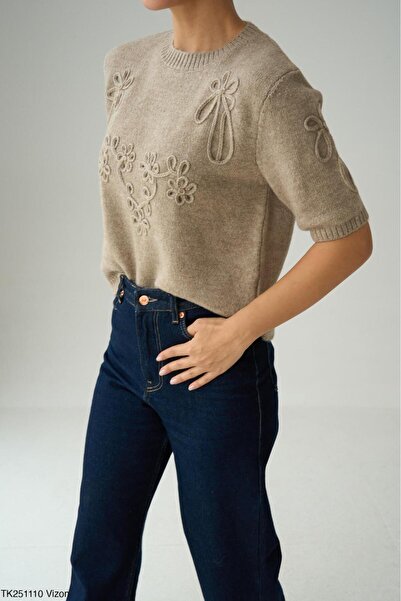 CADDELAMODA Pulover Suzene cu mânecă scurtă brodat Yumoş