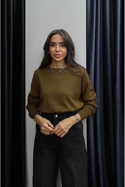 Havoş Yağ Yeşili Yünlü Basic Triko Kazak