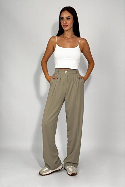 Betimoda Women's Buttoned Pocketed Wide Leg Pleated Palazzo Pants Stone