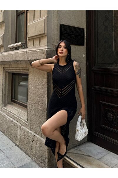 MissRunin Merserize Şerit Yırtmaçlı Triko Elbise