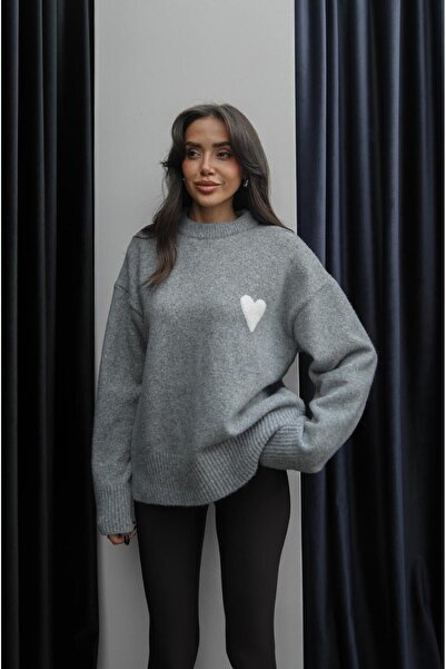 Havoş Koyu Gri Kalpli Yumuşak Dokulu Kazak