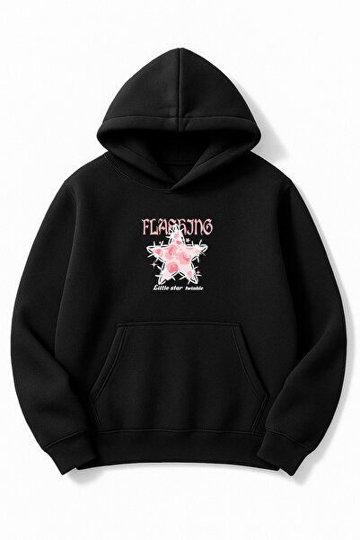 Altair Tr Black Oversized Unisex Flashing Star Printed Hooded Sweatshirt