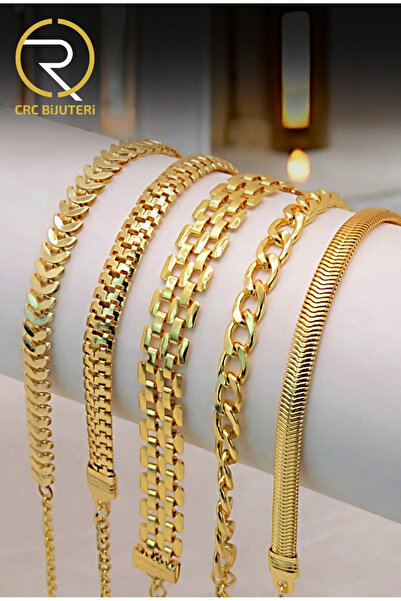 Crc Bijuteri Altın Kaplamalı 5'li Hasır & Balık Sırtı Detay Kadın Bileklik Kombini
