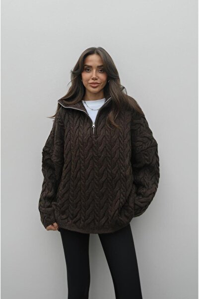 Havoş Açık Kahve Yakası Fermuarlı Saç Örgü Kazak