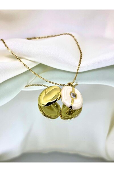 MatmazelLavinya White Pearlescent Steel Necklace with Flip Cover