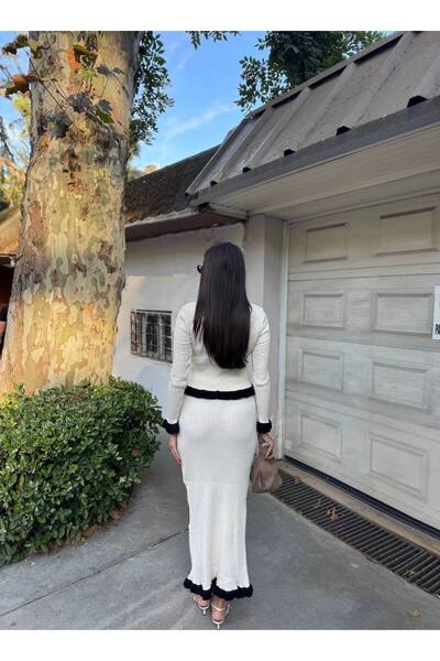 MAXXANA Slim Fit Fırfır Detaylı Fitilli Etek ve Bluz Şık Triko Takım