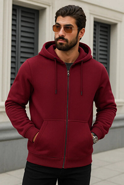 DAMGA JEANS سترة شتوية للرجال قصة فضفاضة باللون العنابي مع سحاب من كابسون