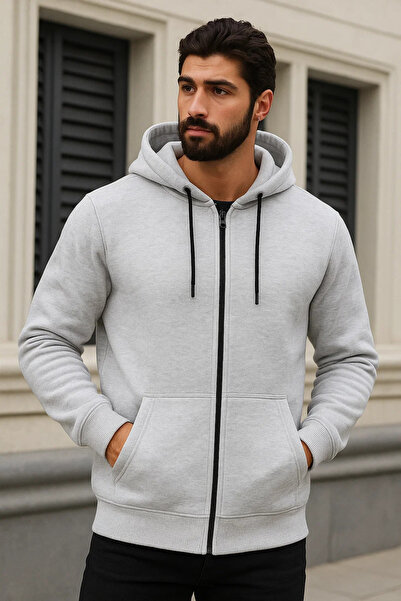 DAMGA JEANS Ανδρικό χειμερινό oversized A. Γκρι φούτερ με φερμουάρ