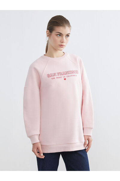 LC Waikiki Lcw Modestpink Printed Oversized Women's Thick Sweatshirt Tunic