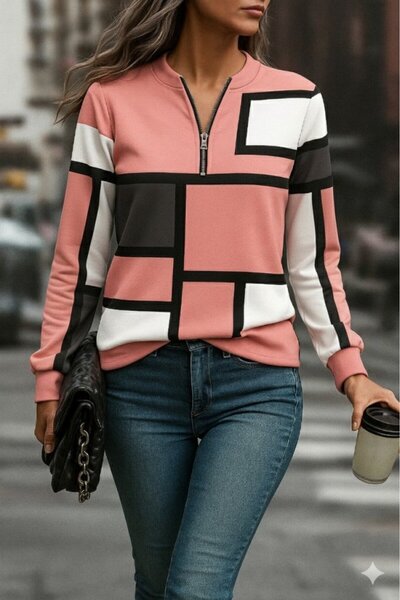 buğrahayalin Women's Long Sleeve Collar Zip-Up Print Raised Diving Blouse