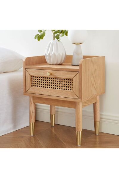 WoodenDecoration01 Bombong Masif Ahşap Hasır Komodin Tek Çekmeceli