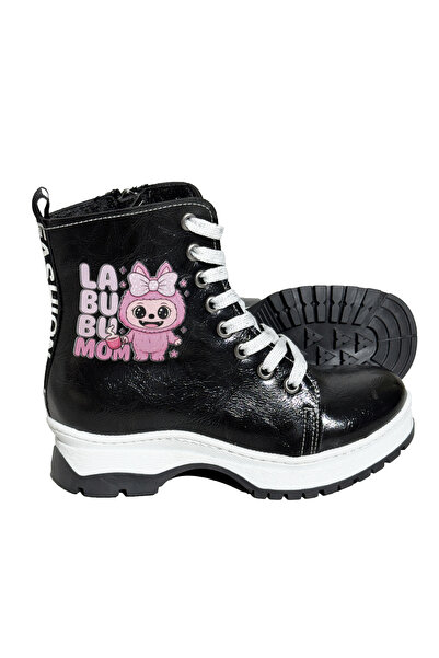 İzmir BDK Butik Labubu Printed Girls' Boots with Zipper and Lace-Up