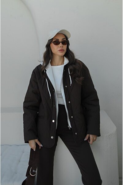 Havoş Kahverengi Garni Detaylı Kapitone Mont