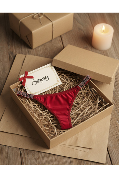Estilo Lingerie Red Panties with Stone Embroidered Love Written on Them, Gift for Lover, Christmas Panties