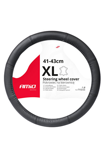 AMIO Genuine Leather Steering Wheel Cover, Black color, size XL (steering wheel 41-43cm), AVX-AM03548