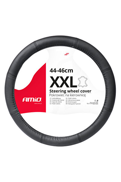 AMIO Genuine Leather Steering Wheel Cover, Black, Size XXL (44-46 cm steering wheel), AVX-AM03549