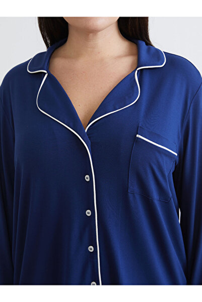 LC Waikiki Navy Blue Plus Size Shirt Collar Women's Pajama Set