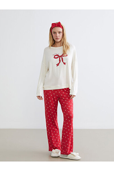 LC Waikiki Red Bow Printed Women's Pajama Set and Headband