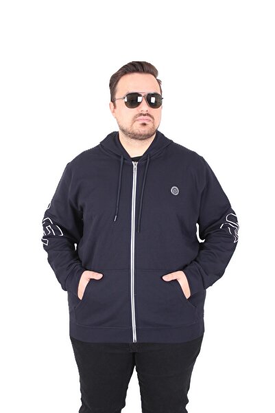 MocGrande Large Size Hooded Zippered Sweat Double Face Ossi 25705 Dark Blue