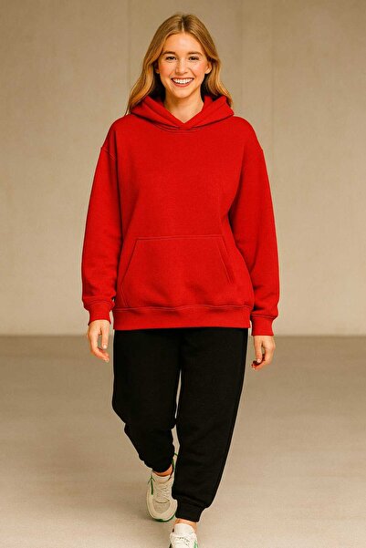 LiyAdaCo Φούτερ Unisex Κόκκινο Απλό oversized 3 Thread K με κουκούλα - Φούτερ...