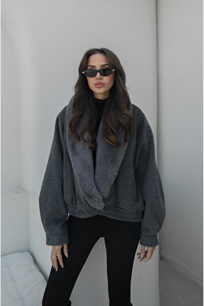 Havoş Anthracite Plush Fur Collar Coat