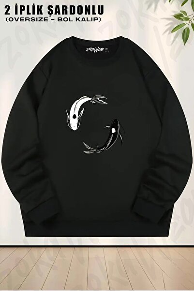 ZOKAWEAR سويت شيرت يين يانغ كوي للجنسين، أفاتار مطبوع قصة فضفاضة برقبة دائرية