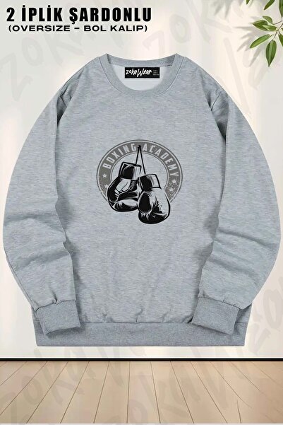 ZOKAWEAR سويت شيرت يونيسكس بوكسينغ أكاديمي مطبوع قصة فضفاضة برقبة دائرية