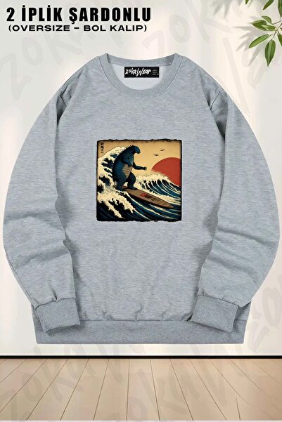 ZOKAWEAR Φούτερ Unisex Godzilla Surfing με τύπωμα oversized με λαιμόκοψη