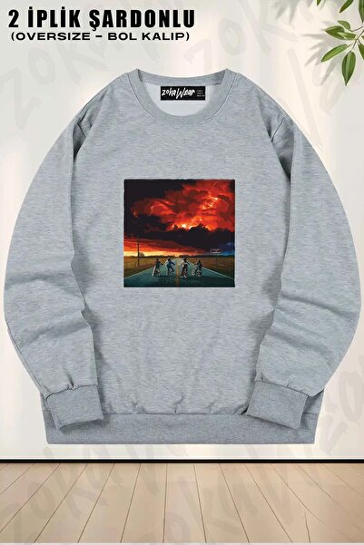 ZOKAWEAR سويت شيرت يونيسكس Stranger Things23 مطبوع قصة فضفاضة برقبة دائرية