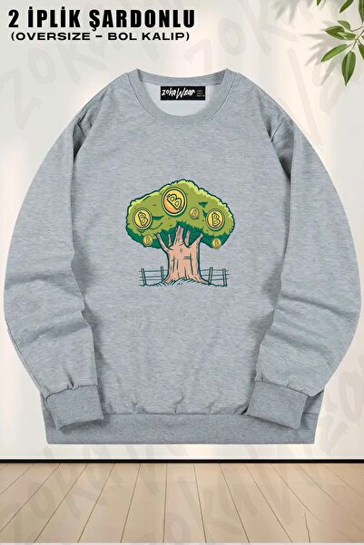 ZOKAWEAR Unisex Bitcoin Tree Printed Oversized Crew Neck Sweatshirt