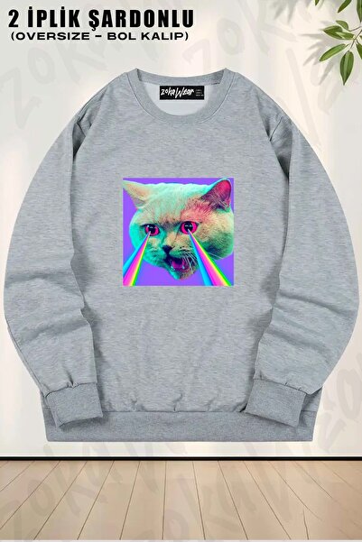 ZOKAWEAR Unisex Cyber Cat Printed Oversized Crew Neck Sweatshirt