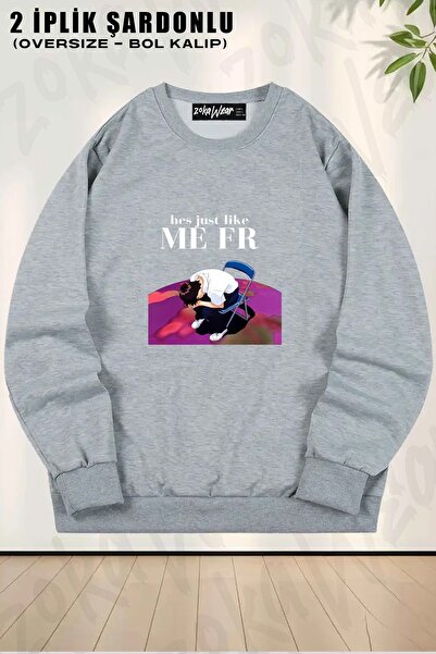 ZOKAWEAR Unisex Hes Just Like Me Fr Shinji Printed Oversized Crew Neck Sweatshirt