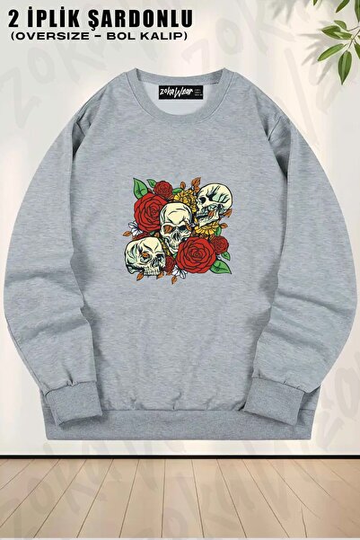 ZOKAWEAR Унисекс суитшърт с голям размер, с принт на череп и роза и обло деколте