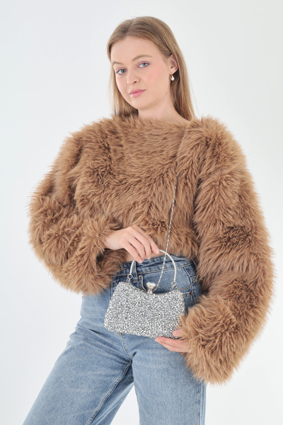 By EDUU Stone Detailed Handle and Strap Stone Covered Silver Evening Dress Bag