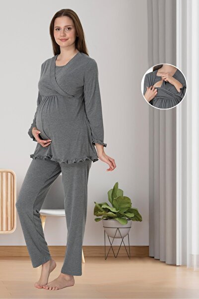 BLACKMORE Women's Smoked Double-Breasted Nursing-Friendly Cotton Maternity Pajama Set with Dressing Gown, 3-Piece Set