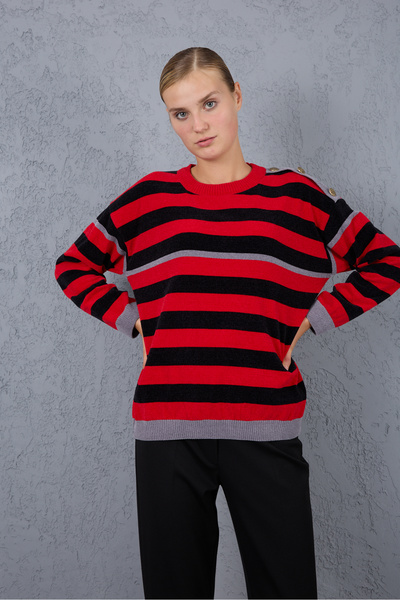 Moda Days Women's Red-Black Striped Chenille Velvet Crew Neck Knit Sweater with Button Detail on the Shoulder