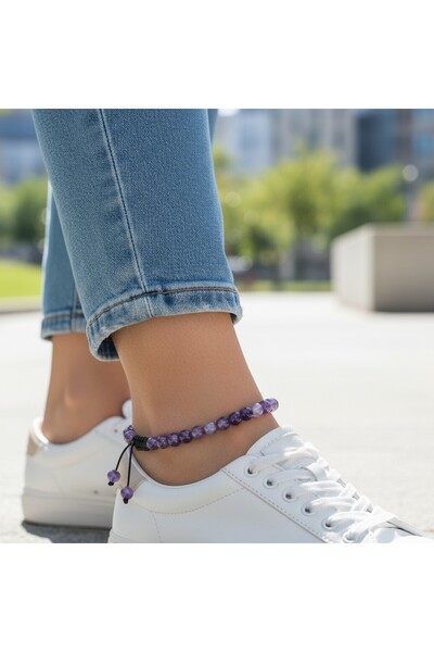 NBS Beautiful Naturel Stones Amethyst Anklet Adjustable Natural Stone Elegant 6 mm