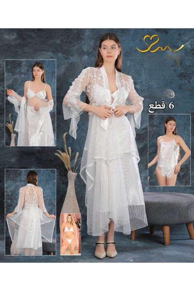 TREN 6 Piece White Lace Robe Set Satin Chemise Nightgown Kimono Sleepwear Collection Luxury Lingerie