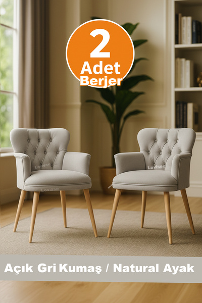 LOVİSSE HOME Açık Gri Chester Diva Berjer 2 Adet Tekli Koltuk – Ofis - Balkon – Bekleme koltuğu, Cafe