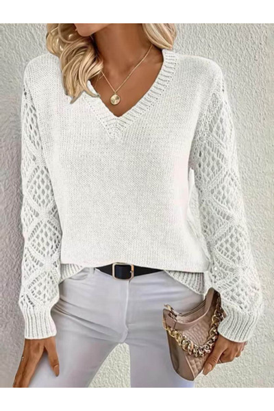 Kanonik Education    Women's Long Sleeve V Neck Sleeve Hollowed Out Diamond Pattern Detailed Knitwear Sweater