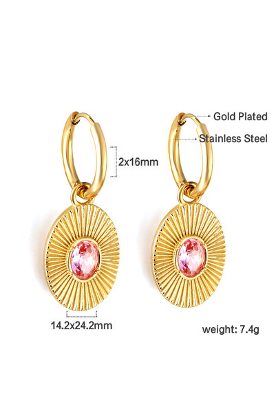 Choice 720FG LUXUSTEEL Stainless Steel Green Pink Zircon Stone Hoops For Women Geometric Oval Coin Fan Eye