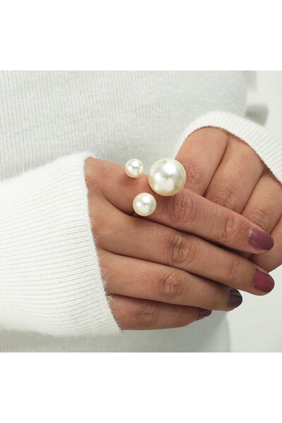 Choice خاتم مفتوح ZA0308-1 خواتم كورية أنيقة للنساء، لؤلؤة مزدوجة بيضاء سوداء...