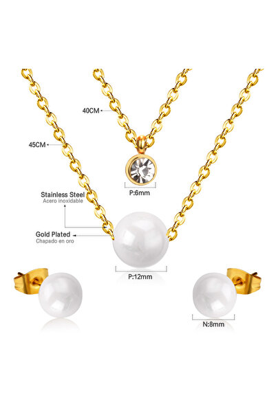 Choice 11 Retro Pearl Stainless Steel Earring Necklace Set Cubic Zirconia Gold Plated Jewelry Sets For Wome